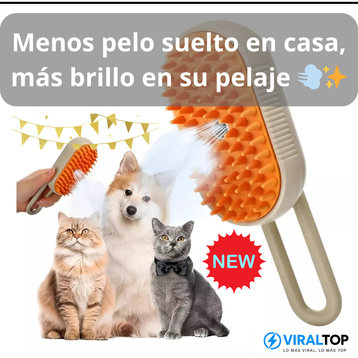 Cepillo A Vapor Pro 3-en-1 Recargable USB para Mascotas ¡Menos pelos sueltos en Casa, Más brillo en su Pelaje!
